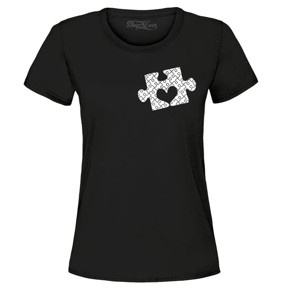 Shop4Ever Women's Small Heart Puzzle Piece Autism Awareness Graphic T-Shirt Medium Black