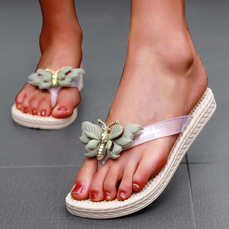 Ladies Summer Flip flops Clear Strap Butterfly Beach Slippers Casual Fashion Flat Home Slippers