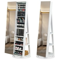 Ktaxon 360° Swivel Jewelry Cabinet, Jewelry Armoire Standing with Full Length Mirror, Jewelry Organizer with Back Storage Shelve, White