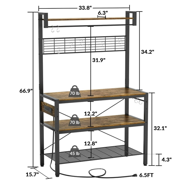 Hommoo Multipurpose Kitchen Storage Rack, Kitchen Baker’s Rack with Power  Outlet, Storage Microwave Stand Coffee Bar Station, Rustic Brown