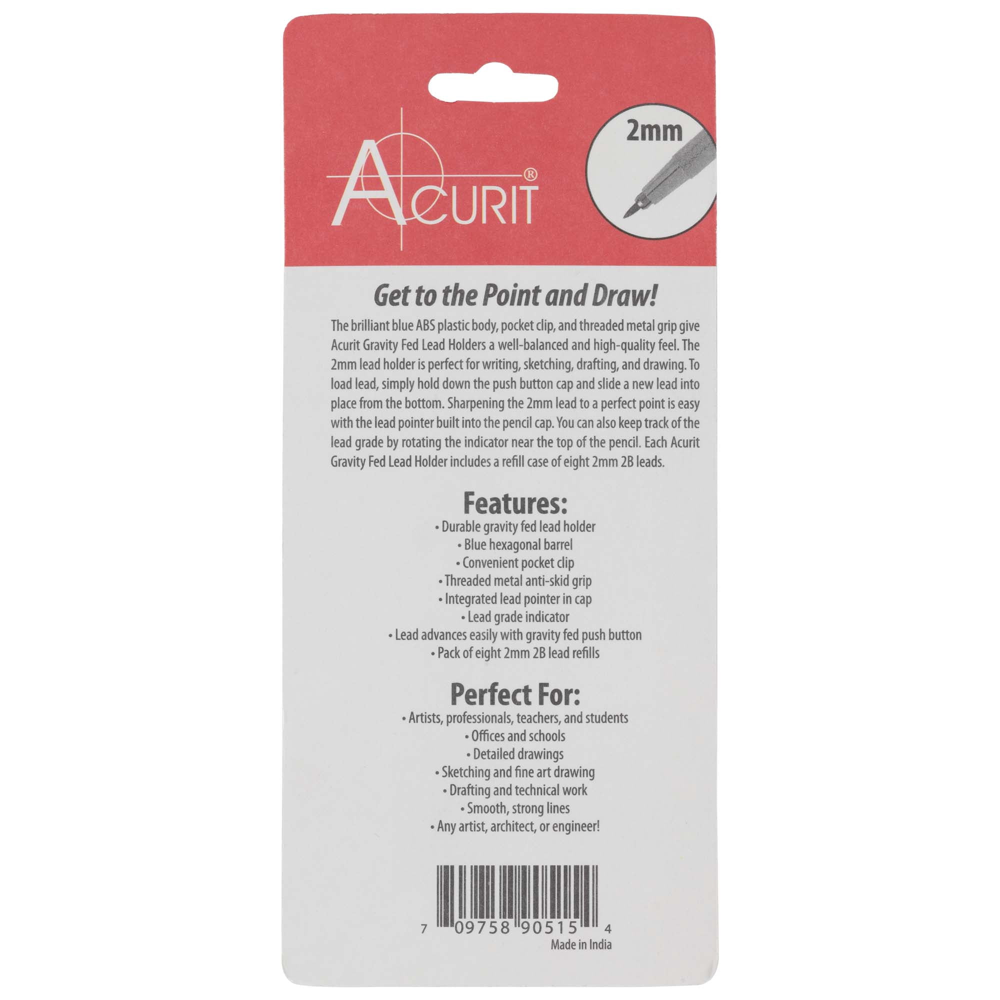 Acurit 2.0 mm Drafting Pencil with Pack of 2B Refill Leads - Value Pack of 10 - Drawing Mechanical Pencils for Artists, Drafters, and Engineers - Metal Threaded Anti-Skid Grip, Lead Grade Indicator