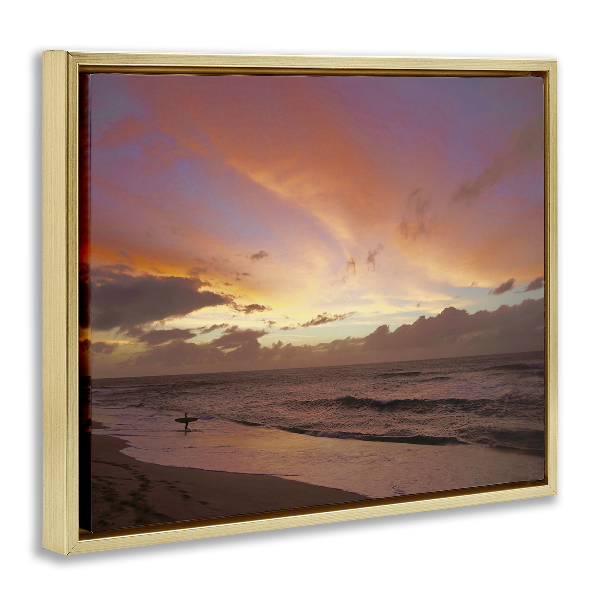 Stupell Industries Surfing Beach Waves at Sunset Nature Photography Gold Floater Framed Canvas Art Print Wall Art, 21 x 17