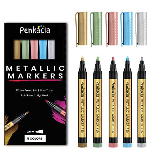 Penkacia Metallic Marker Pens Set of 5 Water Based Safe Scrapbook Markers for Black Paper