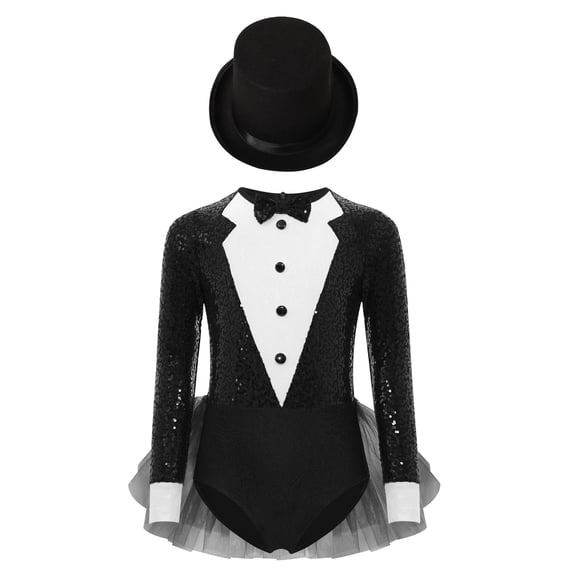 TSSOE Kids Girls Magician Outfit Long Sleeve Sequin Bodysuit Tulle Skirted Dress Jazz Dance Outfit With Hat Black 8