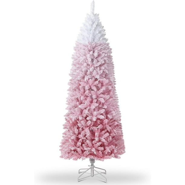 QinaQin Árbol de Navidad tipo lápiz nevado con luces LED cálidas, disponible en 6 o 7.5 pies, 320 puntas, incluye guantes, base plegable y papel kraft decorativo