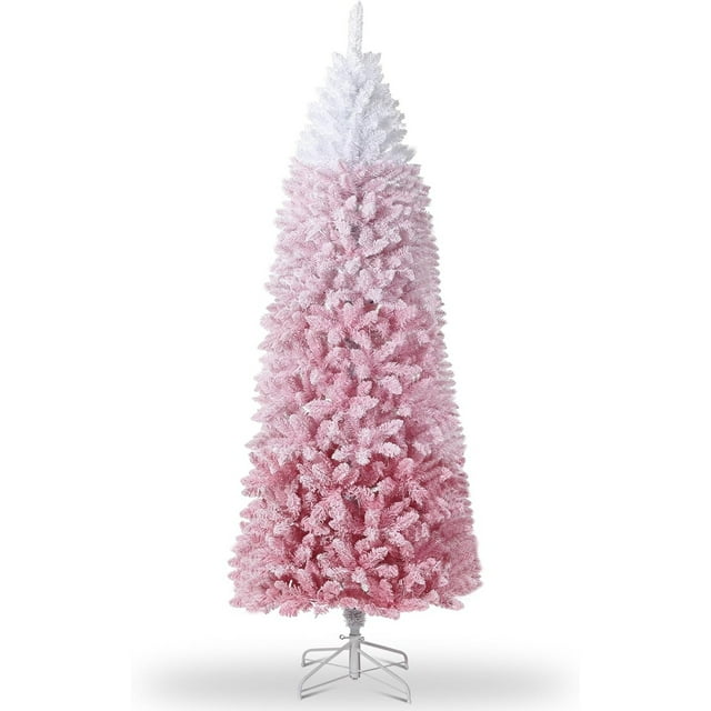 Kojooin 6/7.5FT Pre-Lit Christmas Tree with Dual Color Lighting, Gradient Design Slim Christmas Tree with Foldable Metal Leg, Holiday Decoration for Indoor Outdoor