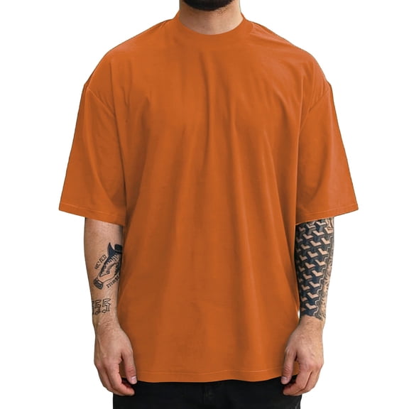 Rggeeun Men T-Shirts Solid Color Half Sleeve Crew Neck Loose Fit Waist Draping Soft Breathable For Summer Beach Play Stretchy Tee,Orange,S