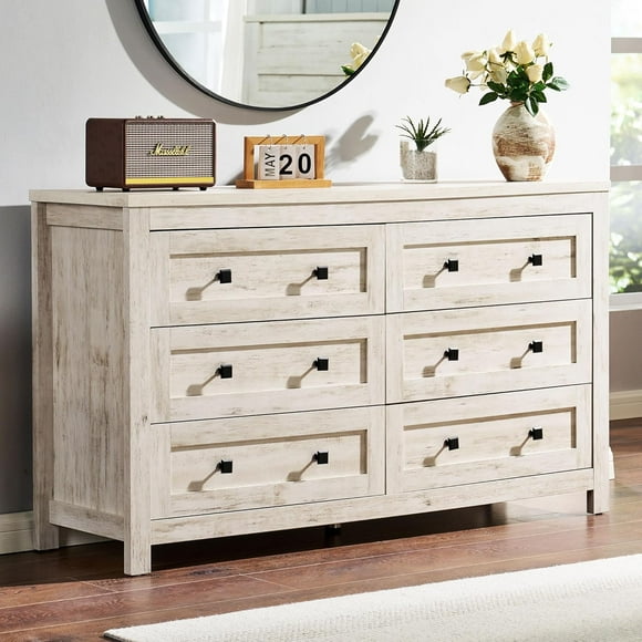 Farmhouse 6 Drawers Dresser, Wood Rustic Chest of Drawers for Bedroom, Closet Storage Dressers Organizer, 6 Drawers Chest for Living Room, Hallway, Rustic White