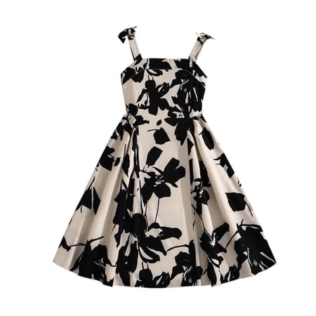 Gunia Girls Summer Dress Kids Floral Print High Waist Elegant Sleeveless Strap Sun Fashion Casual Party Wear Sundress For Holiday Beach Black Dress For Girls 7-12 Years
