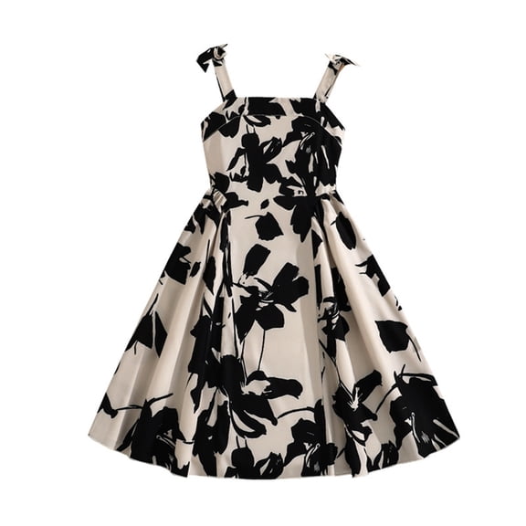 XEGLSBU Girls Dresses Winter Size 8 Kids Girls Floral Print High Waist Sleeveless Strap Sun Dress for Girls Summer Casual Wear Black Size 7-8 Years