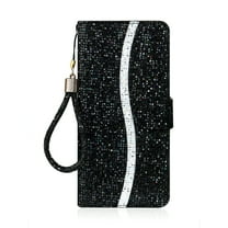 Allytech Samsung Galaxy A21s Wallet Case, PU Lether Bling Glitter Design Shockproof Folio Flip Kickstand Hand Wrist Strap Cards Holder Wireless Charging Case Cover for Samsung Galaxy A21s, Black