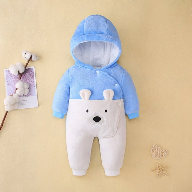 JUNWELL 50% off Clear! purcolt Baby Boys Girls One-Piece Plush Hooded Jumpsuit. A soft and warm romper made of high-quality coral fleece, featuring a blue hooded top and white bottom with a cute bear face design. The jumpsuit includes snap closures for easy diaper changes and elastic cuffs for added warmth. Suitable for infants aged 0-18 months, ideal for winter wear, casual outings, or as a gift for special occasions.