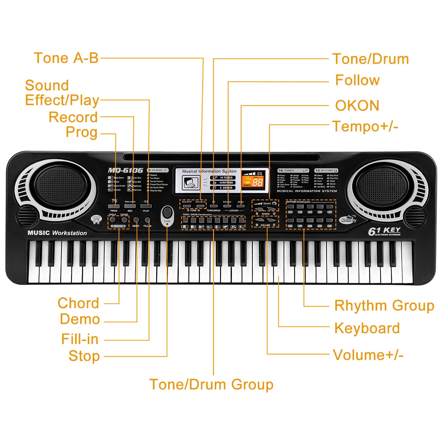 TeqHome 61 Key Piano Keyboard Digital Music Electric Keyboard with Microphone 16 Tones and 10 Rhythms Gifts for Beginners Black