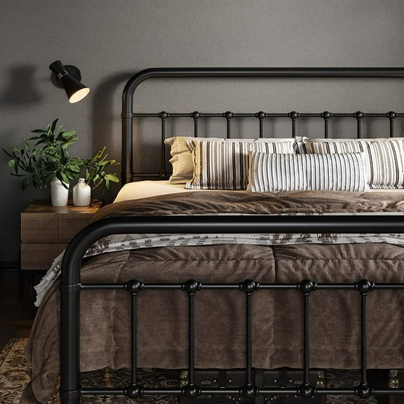 XH Queen Size Metal Platform Bed Frame with Victorian Style Wrought Iron-Art Headboard/Footboard, No Box Spring Required, Black