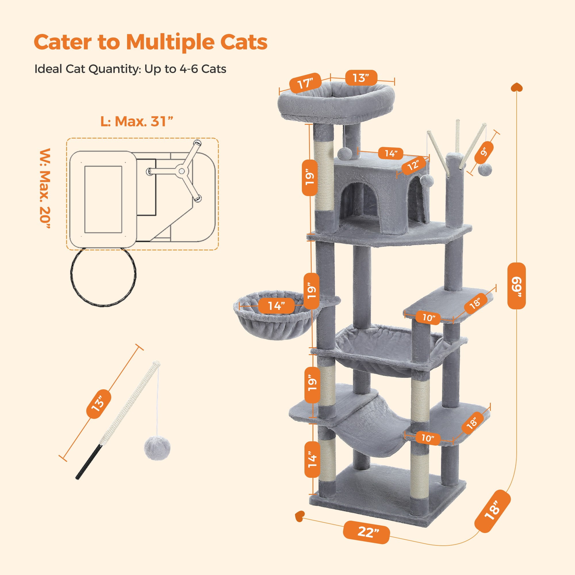resenkos 70" Large Cat Tree Tower with Scratching Posts, Perches, Basket, Hammock, Multi-Level Plush Cat Condo for Indoor Cats, Gray