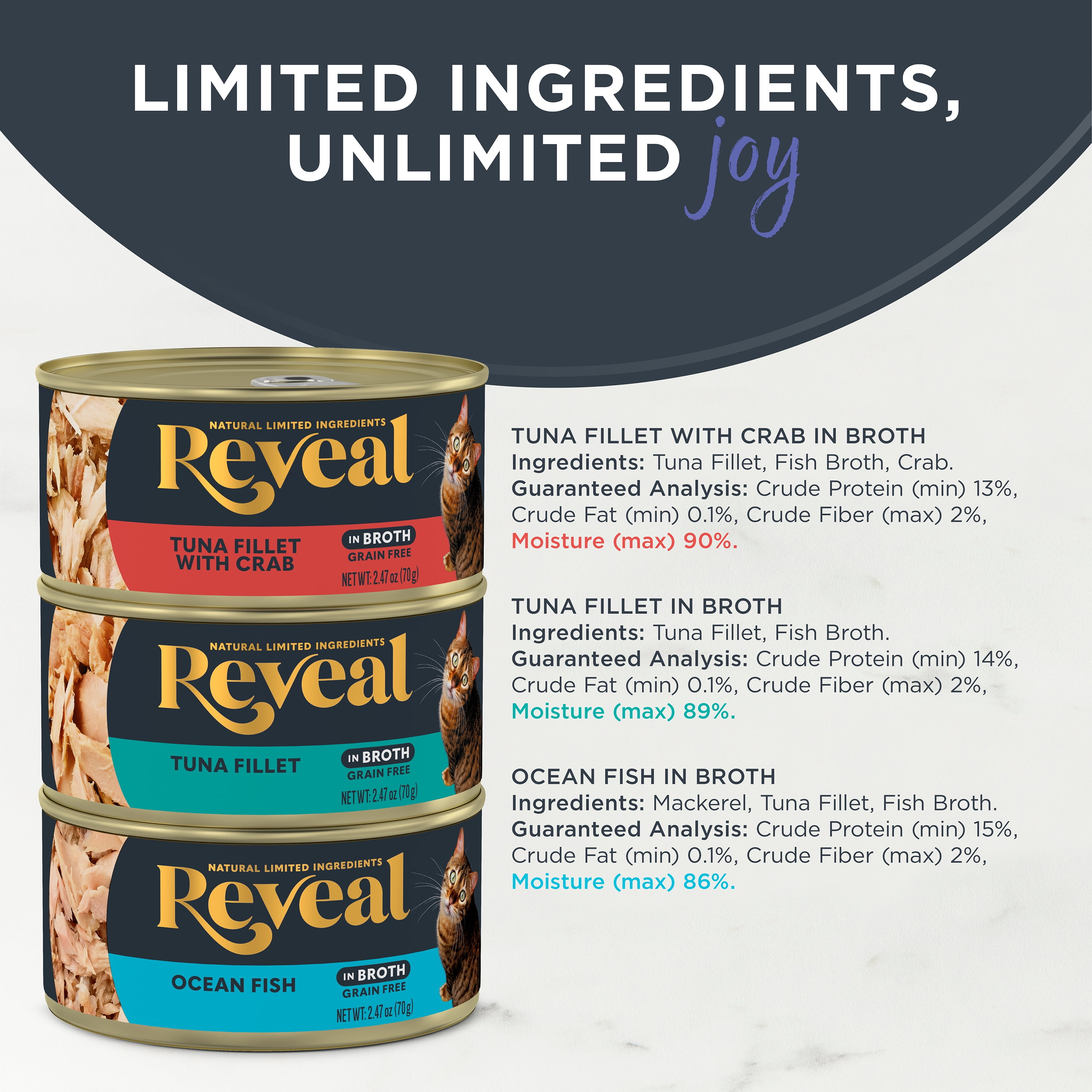Reveal Pet Food Natural Wet Cat Food Fish Selection in Broth 18 x 2.47oz Cans