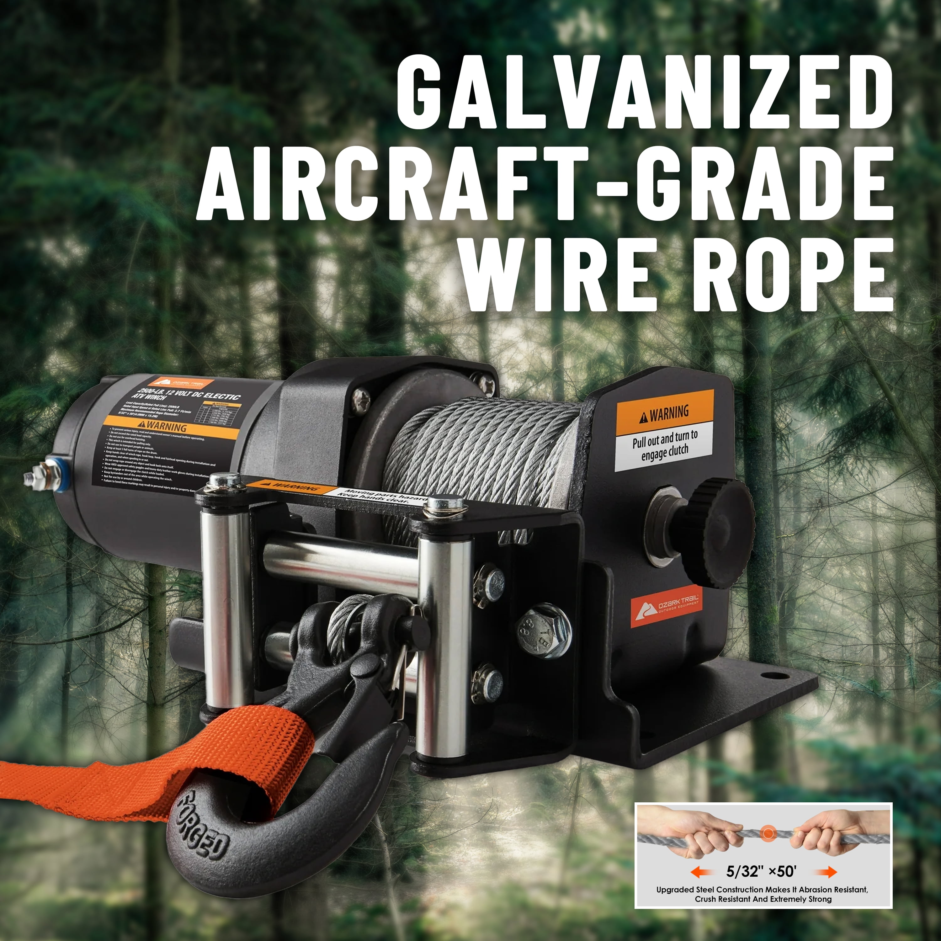 Ozark Trail 2500 lb 12V DC Electric ATV Winch with 50ft. Steel Rope Mounting Bracket, Black