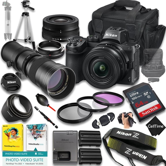 Nikon Z5 Mirrorless Camera with Z DX 16-50mm f/3.5-6.3 VR And 420-800mm f/8 Manual Super HD Telephoto Lens   64 GB Memory   Extra Battery   Camera Case   More (24pc Bundle)