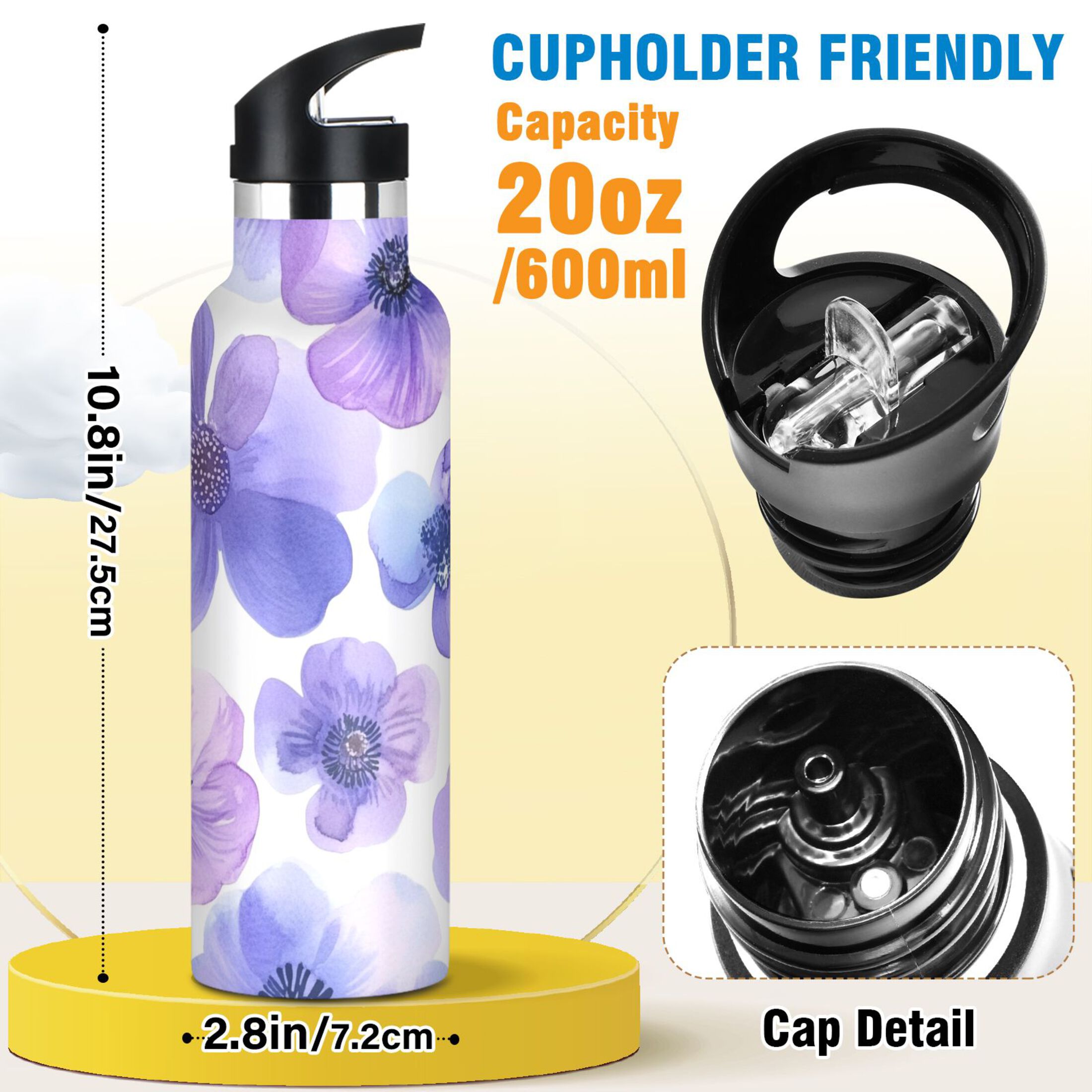 600ML Stainless Steel Insulated Cup Sports Water Bottle Portable Thermos Cup Water Glasses Insulated Tumblers Convenient and Durable Cartoon Lavender Flowers