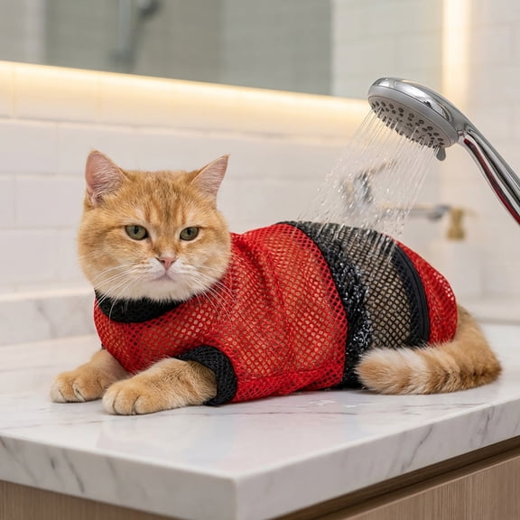 Cat Bathing Bag Adjustable Pet Grooming Restraint For Dog Bathing Nail Trimming Cleaning Hair, Pet Shower Bag With Mesh For Easy Control, Red Pet Bathing Tool
