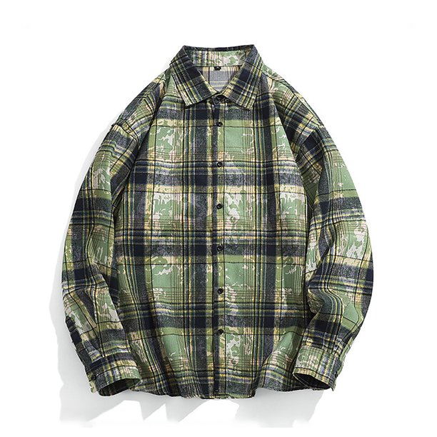Blusa y camisa de manga larga con cuello vuelto para hombre, estilo informal, a cuadros, con bolsillos y botones, de licra