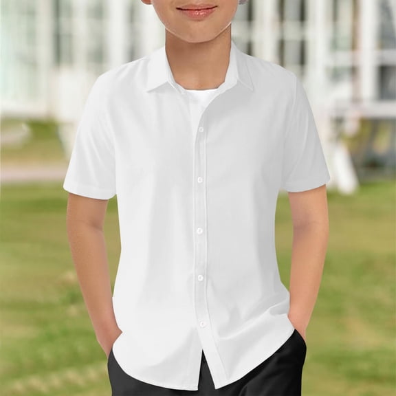 OOOUM Boys Short Sleeve Dress Shirts, Classic Button Down Tops for Kids Summer School Uniform, Soft Comfortable Casual Shirts for Boys White 9-10 T