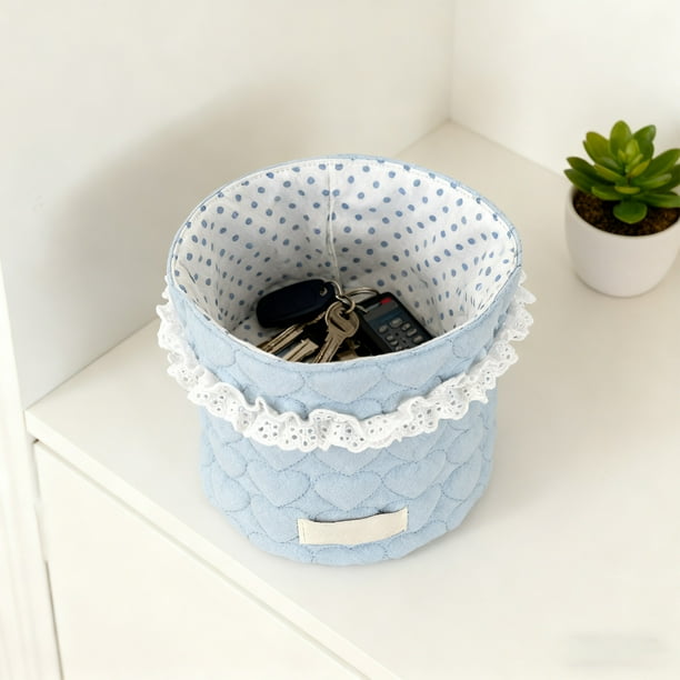 Cesta de tela para guardar cosas | Organizador cilíndrico de escritorio con diseño de encaje y lunares | Portaobjetos y artículos de papelería de tela rosa o azul