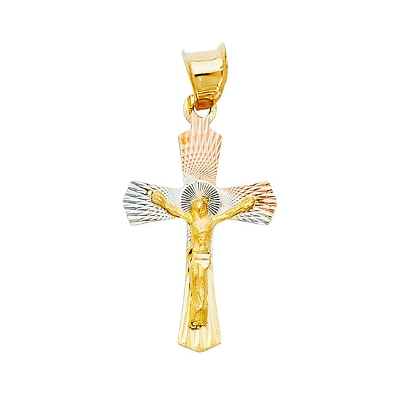14K 3C Gold Diamond cut Crucifix Jesus Cross Stamp Religious Pendant | Tri Color Gold Charm Pendant for Necklace Chain | Gift for Men Women | 22 x 15 MM | 0.9 grams