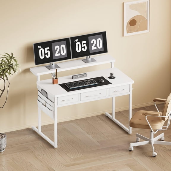 White Computer Desk With 3 Drawers, Adjustable Monitor Stand, Side Pocket, 31.5 L x 15.8-22.9 W For Home Office