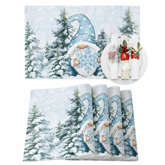 Christmas Blue Gnome Placemats Set of 4 Snowflakes Xmas Trees Winter Snow Scene Heat Insulation Washable Place Mats, Rustic Non-Slip Table Mats for Dining Table Party Kitchen Decor,13x19 Inch
