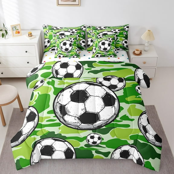 Erosebridal Football Print Bedding Sets Twin Size, Green Comforter Sets with Sheets, Army Camo Flag Reversible Bedding Twin Size, Microfiber Bedroom Decorative, 7 Pieces