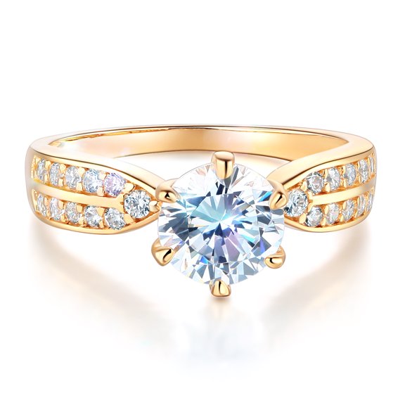 Wellingsale Ladies Solid 14k Yellow Gold Polished CZ Cubic Zirconia Round Cut Engagement Ring with Side Stones - Size 4