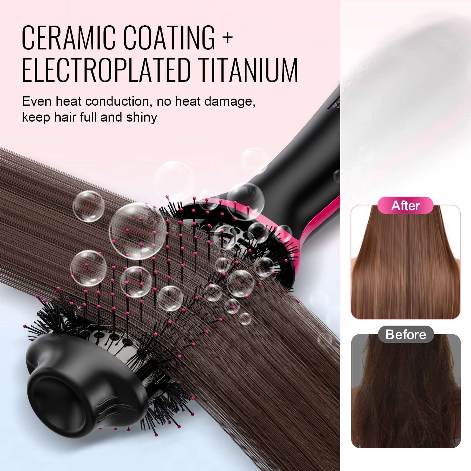VEVOR Hair Blow Dryer Brush,4 in 1 Ionic Hair Styler and Volumizer with Electroplated Titanium & 2.56" Ceramic Coating Oval Barrel,Dual Voltage 110V/240V Hot Air Styling Brush for Salon Home Travel