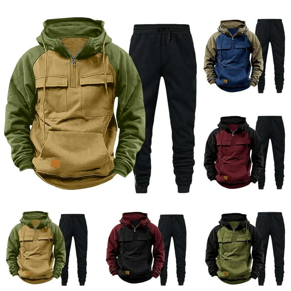 THDHVS Sweat Suits Men,Track Suits Mens,Men Two Piece Outfits Sets Brushed Hooded Sweatshirt and Cargo Joggers Lounge Sets for Men with Drawstring Waist Army Green XL