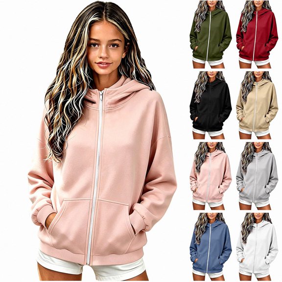 ITSAME Girls Full Zip Hoodie (5-16) Long Sleeve Solid Color Casual Comfort Hooded Sweatshirt with Pockets Size 9
