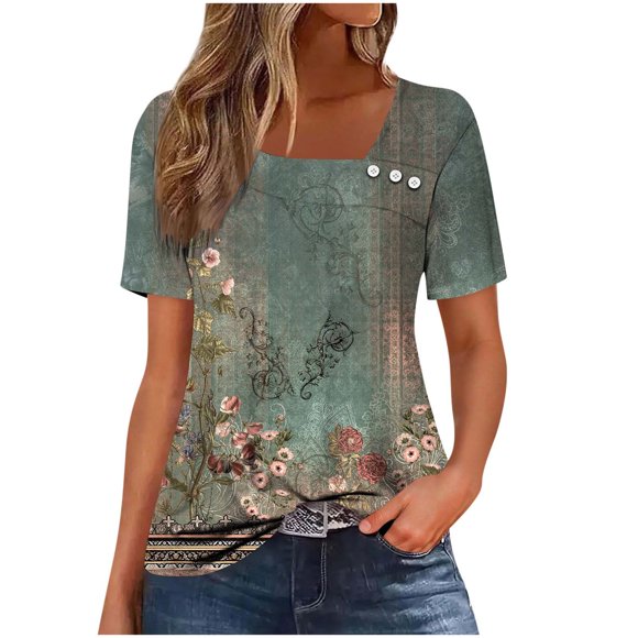 Short Sleeve T Shirt for Women, Military Green Printed Button Front Casual Top, Soft Cotton Blend, Relaxed Fit, for Daily Wear and Street Style