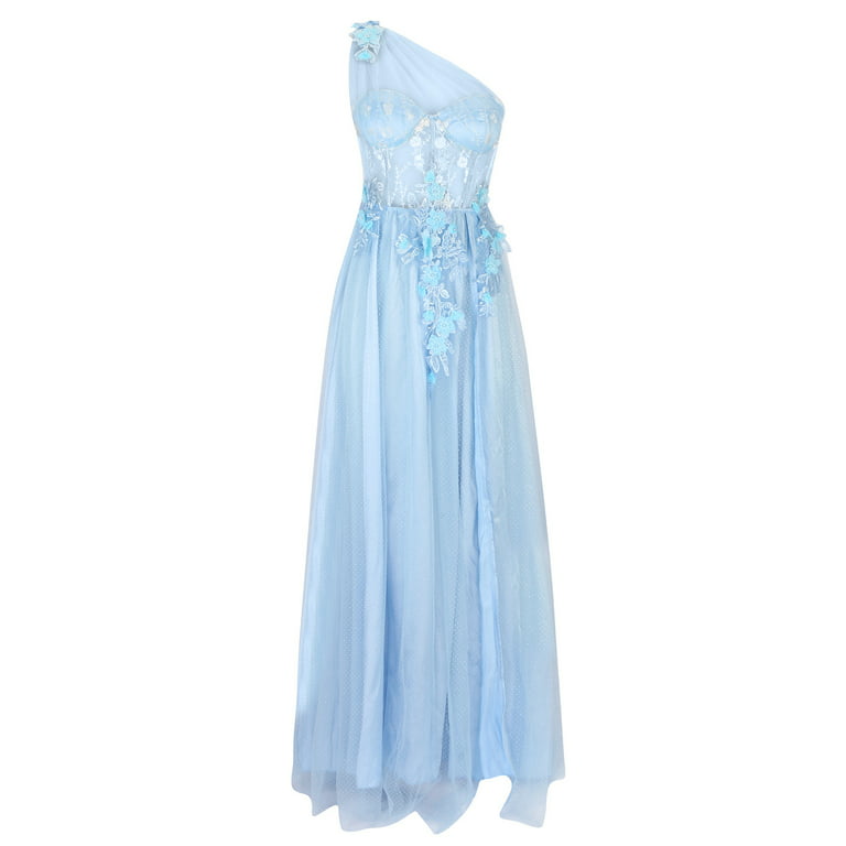 Off Shoulder Light Blue Tulle Long Prom Dresses with High Slit, Light Blue  Tulle Formal Graduation Evening Dresses SP2761