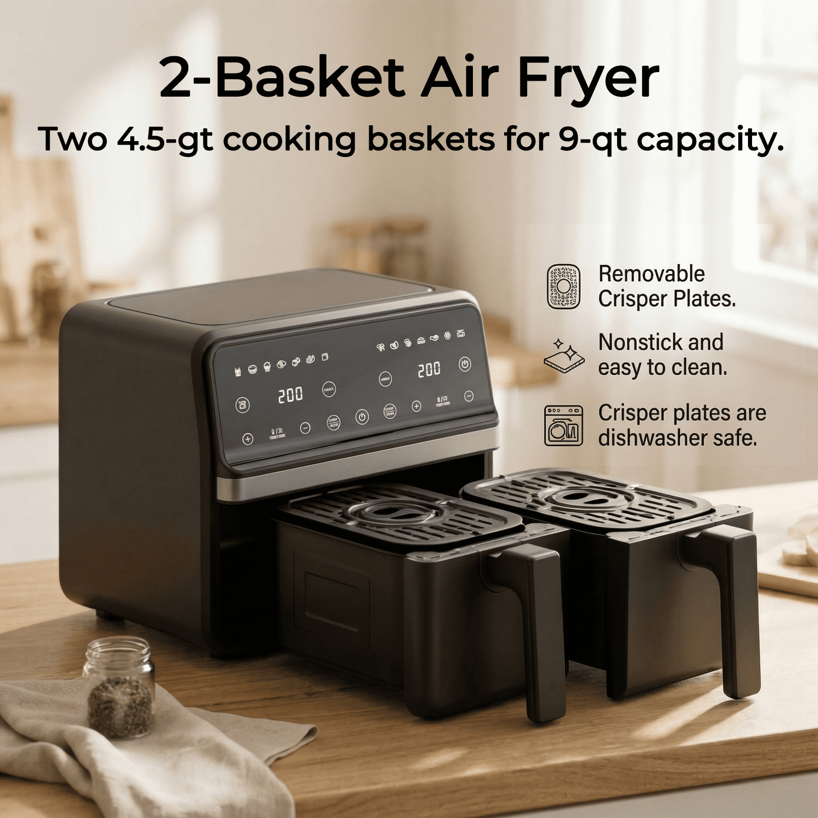 Dual Basket Air Fryer, XL Basket for 6 LB Whole Chicken, Double Stack Compact Design, 14-in-1 Functions with Reheat, Dehydrate, Black