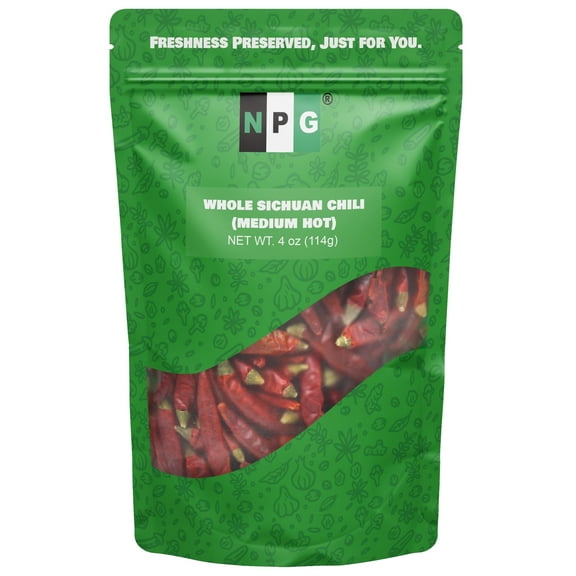 NPG Dried Sichuan Red Chili Peppers Whole 4 Ounces, Medium Hot, Capsicum Annuum for Mexican, Chinese, Thai Dishes, Premium Szechuan Dried Red Chilies for Chili Oil, Paste, and Sauce