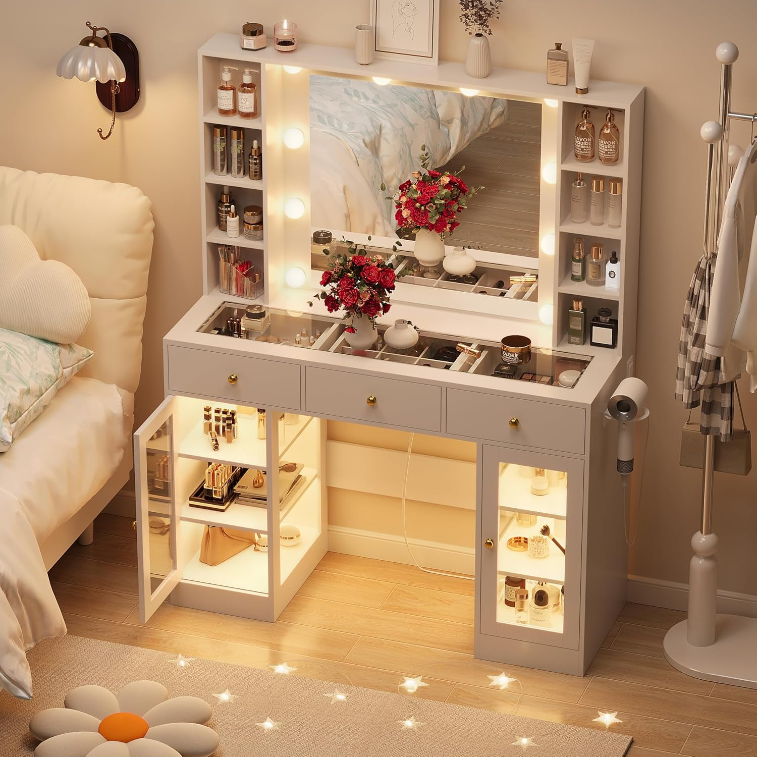 Vanity Desk with Mirror and Lights, Glass Top Vanity with Lighted Mirror & RGB Glass Cabinet and 3 Drawers, Makeup Vanity Desk with Lights Dressing Table for Bedroom, 3 Color Modes
