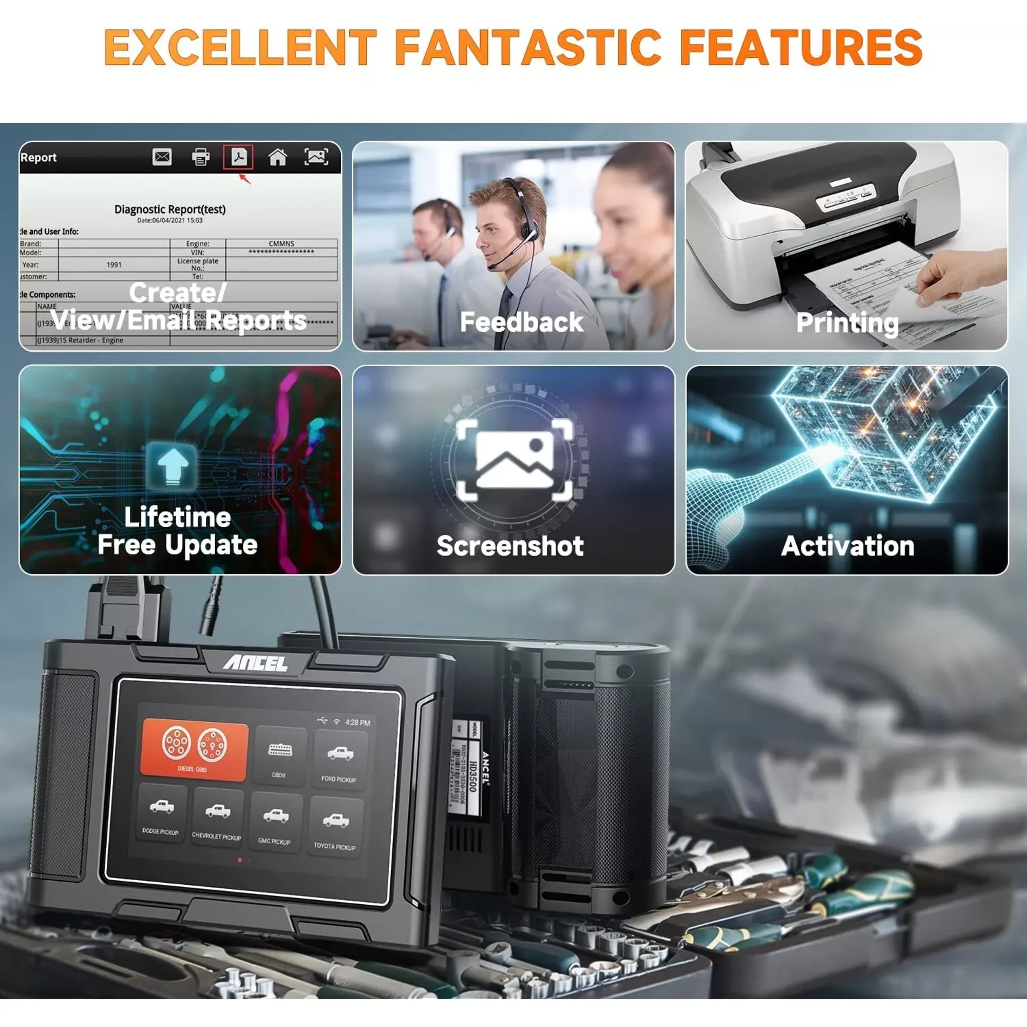 ANCEL HD3500 Pickup Truck OBD2 Scanner, All Systems Diesel Diagnostic Tool with Bidirectional & Service Reset & D-P-F Regen, 2-IN-1 Car Code Reader for Ford/Dodge/Chevy/GMC/Toyota/Honda/Nissan/Isuzu
