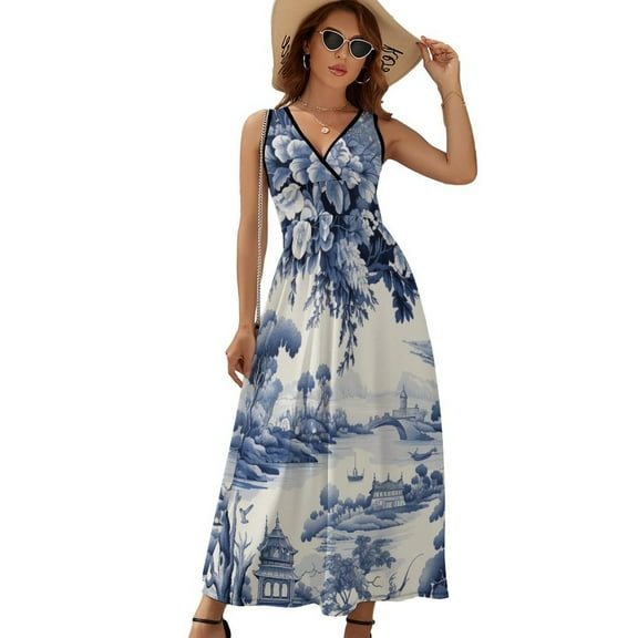 Blue Chinoiserie Toile Bridge Sleeveless Dress Dresses Women Summer Evening Dresses Ladies Bohemia Long Dresses