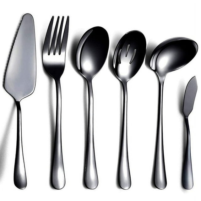 6-Piece Serving Flatware Silverware Set Serving Utensil Set Include Cake Server Slotted Serving Spoon Black