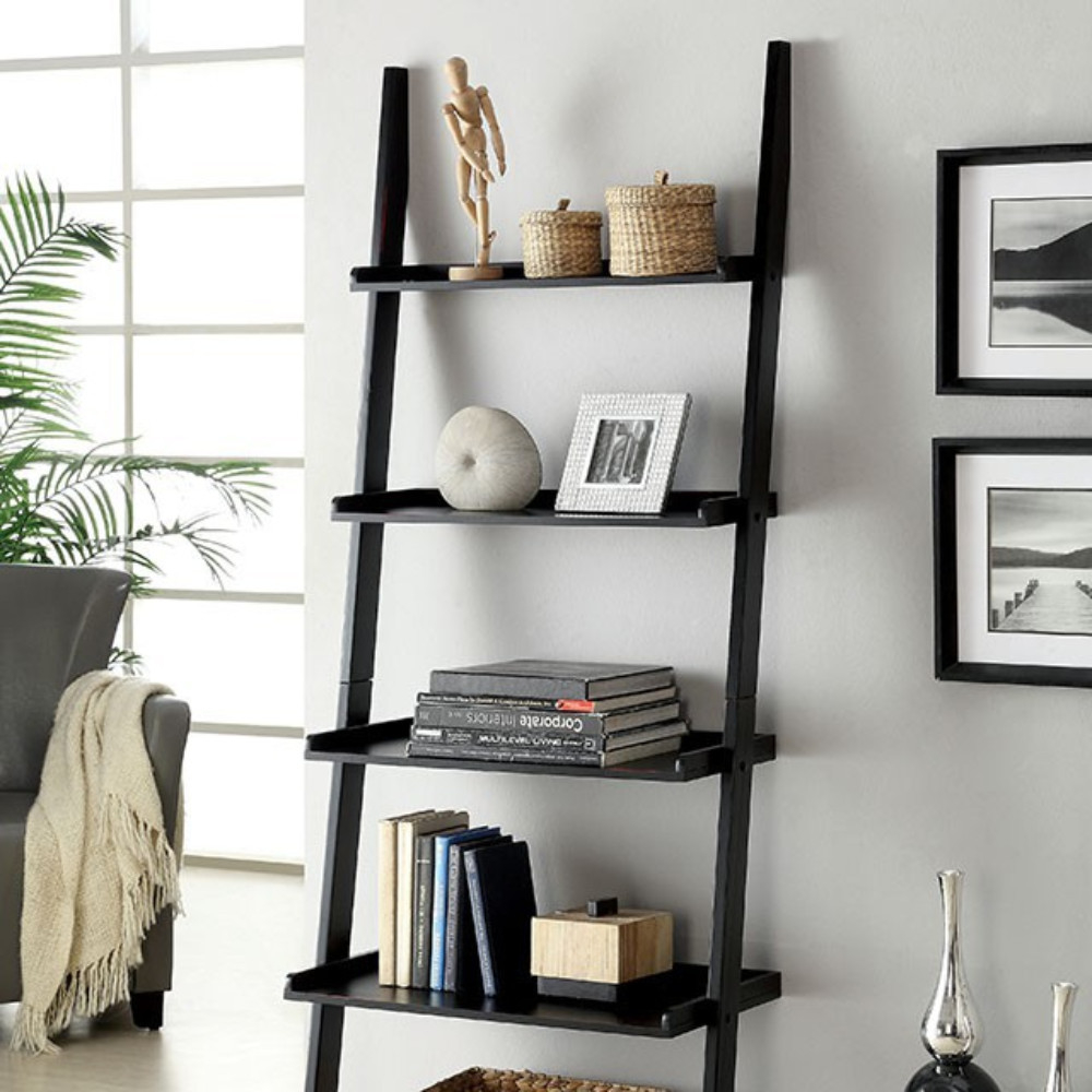 5 Tier Wooden Ladder Style Shelf with Slanted Panel Support, Black
