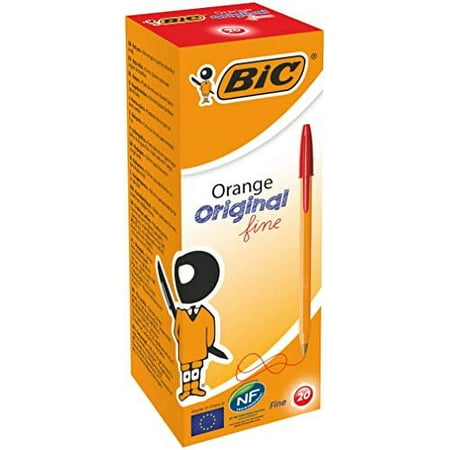 BIC Orange Fine Ballpoint Pens, Fine Point (0.8 mm), Red Ink, Box of 20 - Writing Pens with Long-Lasting Ink
