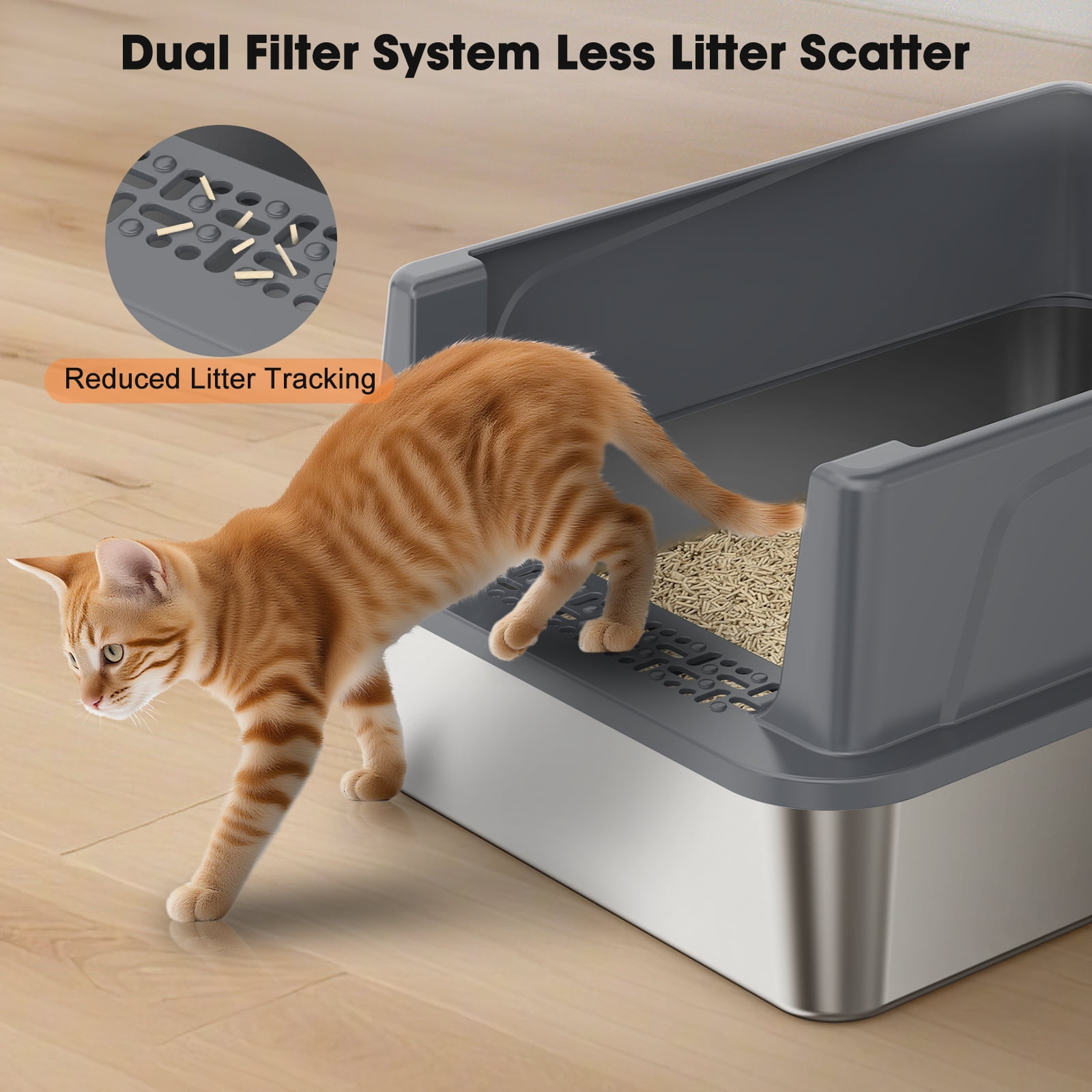 Stainless Steel Litter Box with High Sides: Top Entry Cat Litter Box for Small Mulit Big Cat, Anti-Urine Leakage, Non-Stick Bottom, 17in, Dark gray