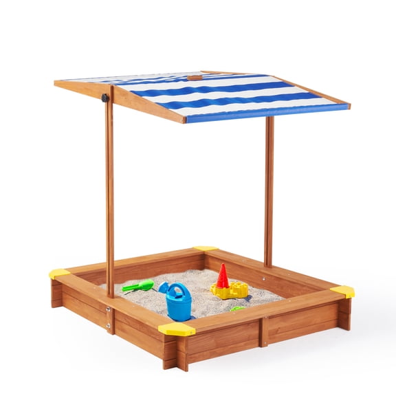 Outdoor Kids' Wooden Sandbox with Lid, Cedar Wood with 360° Retractable Canopy, Sandboxes with Cover for Backyard Play, Bottom Liner Included, 46.5x46.5-Inch