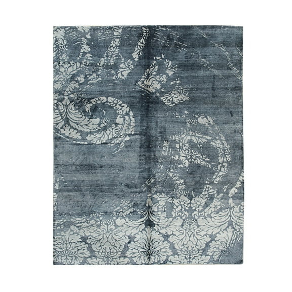 EORC Black Hand Knotted Bamboo Silk and Wool Transitional Modern Indo Nepal Rug, 8' x 10'