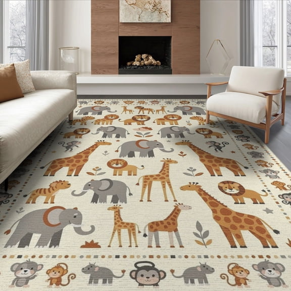 ODIKA 8'x10' Washable Area Rug Durable, Non-Slip Animal Educational Design With Alphabet Border And Safari Map Layout Zoo for Living Room, Under Sectional, Family