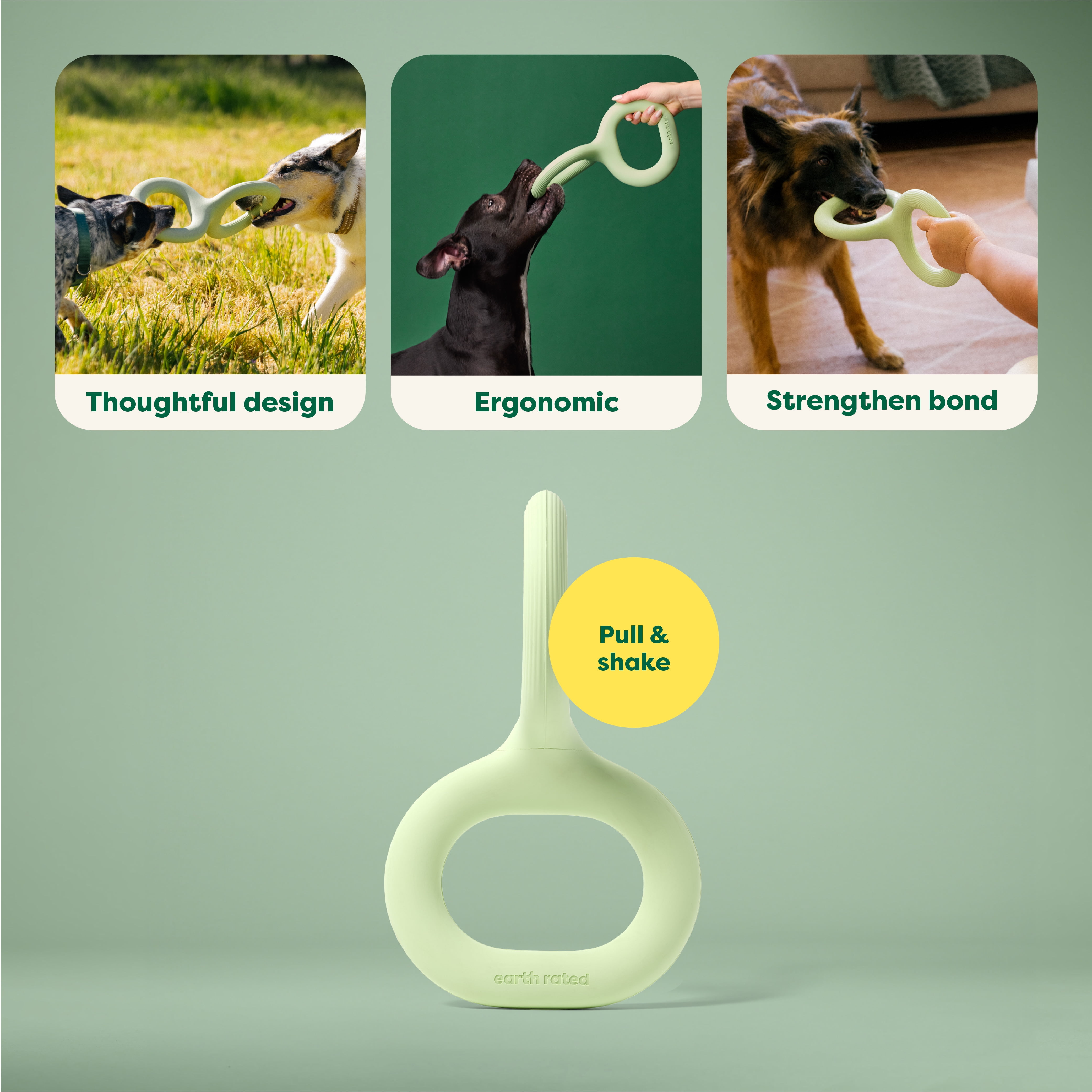 Earth Rated Tug of War Toy for Dogs and Puppies, Interactive Dog Pull Toys, Ergonomic Grip, Natural Rubber, Large, Green